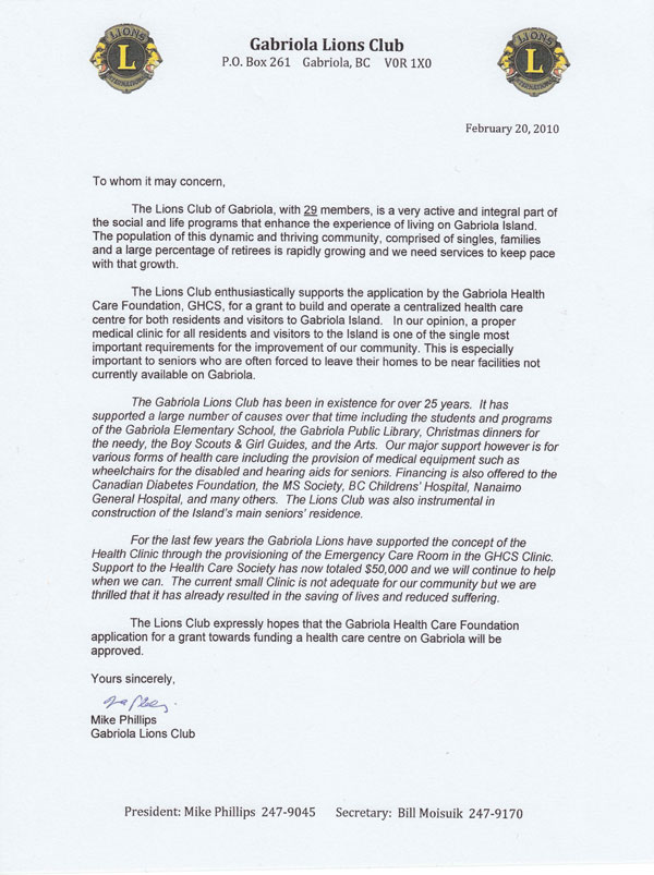 Letter of support from the Gabriola Island Chamber of Commerce