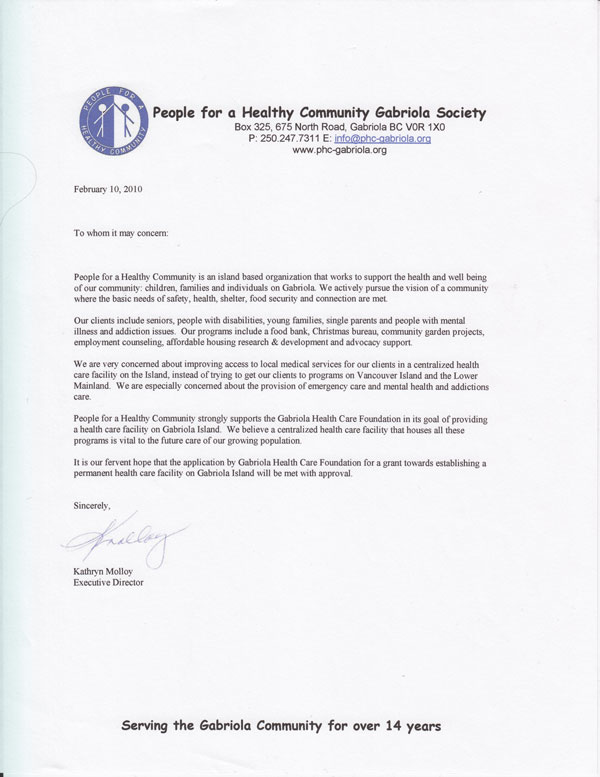Letter of support from the People for a Healthy Community Gabriola Society